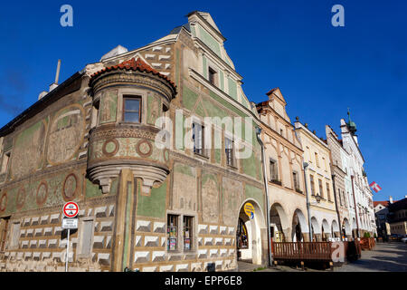 République tchèque, Telc, ville du patrimoine mondial de l'UNESCO, de la place principale, façade townhouses Banque D'Images