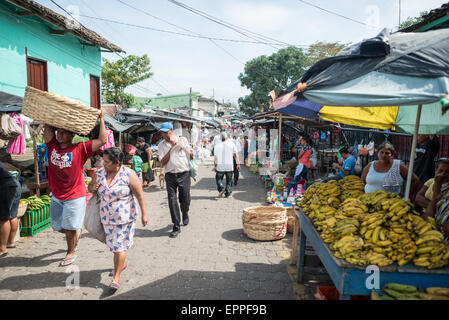 GRENADE, Nicaragua — les vendeurs de fruits et légumes s'occupent de leurs étals au Mercado Municipal, le marché central de Grenade. Ces fournisseurs maintiennent les pratiques traditionnelles du marché, exposant quotidiennement des produits frais pour les clients locaux. Le marché sert de source principale de fruits et légumes frais pour les résidents de Grenade. Banque D'Images