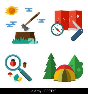 Illustration de l'équipement de camping isolé sur fond blanc. Série d'illustrations vectorielles randonnées colorées - boussole tente site p Illustration de Vecteur