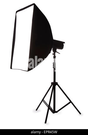 Lampe flash studio avec softbox isolé sur le livre blanc Banque D'Images