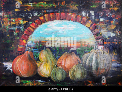 Les citrouilles pour l'Halloween sont à la fenêtre d'un ancien château avec des fantômes. Acrylique fait main art peinture sur toile Banque D'Images