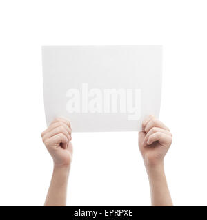 Deux mains tenant une feuille de papier A4 Banque D'Images