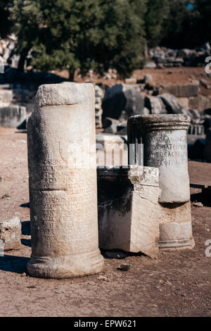 Anciennes colonnes, texte gravé dans la pierre Didyma en Turquie Banque D'Images