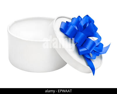 Rond blanc vide boîte-cadeau avec blue bow isolé sur fond blanc Banque D'Images