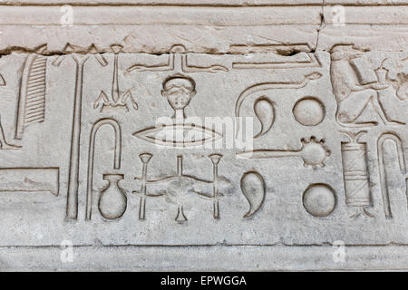 Heiroglyphic d'experts sur la paroi extérieure du temple d'Hathor à Dendérah, Egypte Banque D'Images