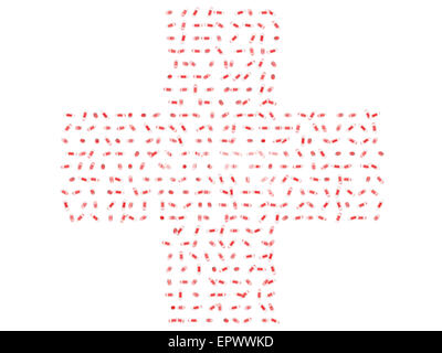 Clair et rouge translucide comprimés en forme de croix symbole médical isolé sur fond blanc. Banque D'Images