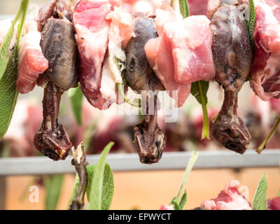 Les oiseaux sur la flèche avec la viande, bacon et sage prêt pour la cuisson Banque D'Images