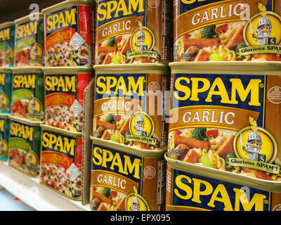 Pain de déjeuner d'épicerie, Spam Tins , Chinatown, NYC, Etats-Unis Banque D'Images