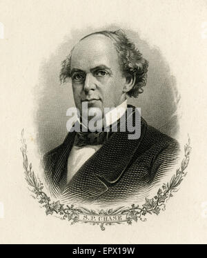 C Antique1870 gravure sur acier de Salmon P. Chase. Salmon Portland Chase (1808-1873) était un homme politique et juriste américain qui a servi comme le sénateur américain de l'Ohio et le 23e gouverneur de l'Ohio ; comme le secrétaire américain au Trésor sous le président Abraham Lincoln ; et comme le sixième juge en chef des États-Unis. Banque D'Images