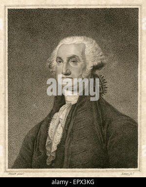 Gravure sur acier 1812 antique de George Washington, après la peinture de Gilbert Stuart. George Washington (1732 ð 1799) a été le premier président des États-Unis (1789Ð97), le commandant en chef de l'armée continentale pendant la guerre d'Indépendance américaine, et l'un des pères fondateurs des États-Unis. Banque D'Images