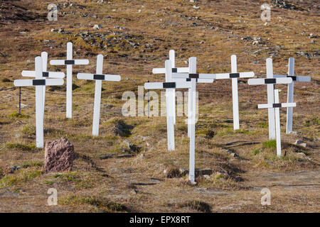 Croix de bois blanc sur les tombes à l'ancien cimetière de Longyearbyen en été, Svalbard, Norvège Spitzberg / Banque D'Images