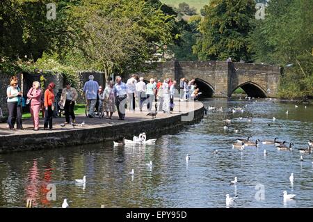 Afficher le long de la rivière Wye vers le pont médiéval, Bakewell, Derbyshire, Angleterre, Royaume-Uni, Europe de l'Ouest. Banque D'Images