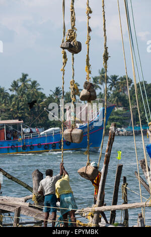 L'Inde, le Kerala, port de la ville de Cochin. Filets de pêche chinois traditionnel près de la ville historique de Fort Cochin région portugaise. Banque D'Images