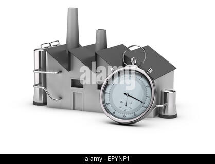 Illustration de la productivité. Le rendu 3D d'une usine et d'un chronomètre. Image sur fond blanc. Banque D'Images