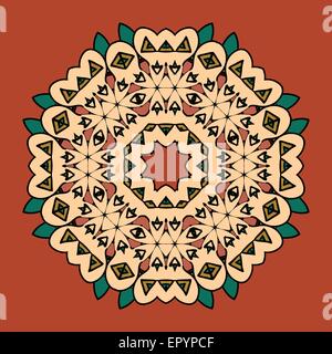 Qu'est-ce que le karma mandala Oriental ronde motif Motif lase sur le fond jaune, comme la peinture ou flocon de couleur orange mehndi. Concept d'origines ethniques Illustration de Vecteur