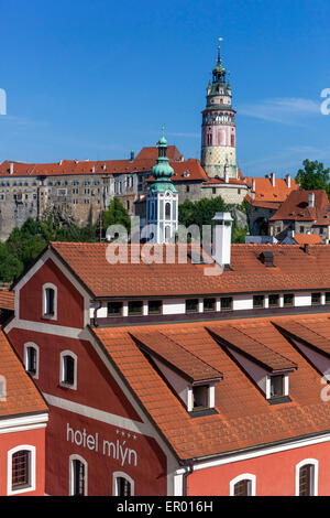 Cesky Krumlov, l'UNESCO heritage site mondial, ville médiévale, les toits rouges des maisons de la vieille ville, République Tchèque Banque D'Images