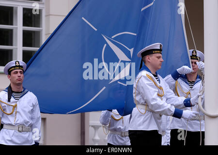 Forces armées lituaniennes les marins de la garde d'honneur le drapeau de l'Organisation du Traité de l'Atlantique Nord (OTAN) au cours de l'évolution des gardes de cérémonie devant le palais présidentiel, dans la vieille ville de Vilnius, la capitale de la Lituanie Banque D'Images