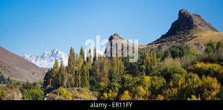 Paysage dans la gorge de la rivière Kawarau près de Queenstown Nouvelle Zelande avec vues vers Mount Aspiring Banque D'Images