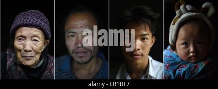 (150525) -- "LIUTONG, 25 mai 2015 (Xinhua) -- photo prise lors d'combiné de février à mai en 2015 montre des portraits d'une famille de quatre générations en Nongyong Bansheng de village, canton sud-ouest de la Chine, région autonome Zhuang du Guangxi. Le plus ancien de la famille est de 90 ans tandis que le plus jeune n'a que deux ans. Le relief karstique avec Canton Bansheng est identifié comme l'un des plus lieux impropres à l'habitation humaine en dehors de désert par FAO. Les personnes vivant dans des circonstances difficiles ont été témoins de luttes entre les humains et la nature, ainsi que le développement de la ville. Banque D'Images