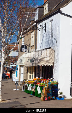 Un marchand de boutique avec affichage de la chaussée dans Bridport, Dorset, England, UK Banque D'Images