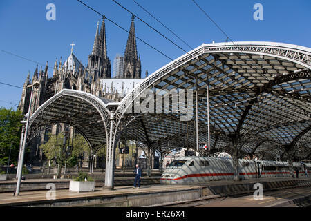L'Europe, l'Allemagne, Cologne, train à grande vitesse ICE à la gare principale, la cathédrale. Europa, Deutschland, Koeln, Hochgeschwindigk Banque D'Images