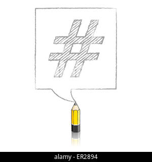 Crayon jaune en bois avec dessin réflexion Hashtag ombragée dans Square Bulle sur fond blanc Banque D'Images