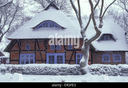 DEU, Allemagne, Mecklembourg-Poméranie-Occidentale, l'hiver en Ahrenshoop-Niehagen sur la mer Baltique, maison à colombages au toit de chaume avec Banque D'Images