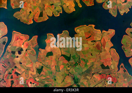 Vue depuis la Station spatiale internationale de motifs causés par l'agriculture le long du réservoir de Sao Simao au Brésil. Banque D'Images