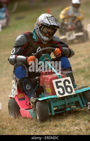 Tondeuse à l'aide de course conçu spécialement adaptés et sit-on les tondeuses, course autour d'un circuit d'herbe à Caldicot, Pays de Galles, UK.un sport Banque D'Images