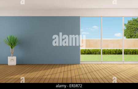 Salon vide avec de grandes fenêtres et mur bleu - 3D Rendering Banque D'Images