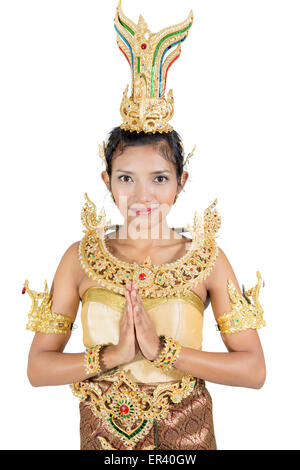 Femme en costume traditionnel posant avec Thaïe traditionnelle Banque D'Images