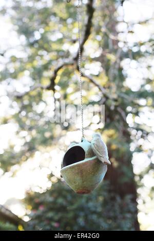 Une mangeoire en céramique suspendu à un arbre. Banque D'Images