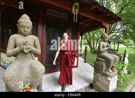 Paewesin, Allemagne. 20 mai, 2015. Losang moine quitte l'Kyabchok au jardin du monastère bouddhiste Ganden Tashi Choeling dans Paewesin, Allemagne, 20 mai 2015. Autour de 50 moines, moniales, et laybrothers réside dans le monastère, qui s'est installée dans un ancien domaine house il y a 12 ans. L'afflux croissant des clients venus de l'Europe et l'Asie a nécessité l'agrandissement et de rénovation. Les groupes scolaires ont été de plus en plus entrée dans le cadre d'enseignements religieux. Photo : BERND SETTNIK/dpa/Alamy Live News Banque D'Images