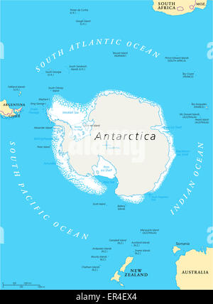 Carte Politique de la région de l'Antarctique avec pôle sud, la glace etagère et les îles. English l'étiquetage et à l'échelle. L'illustration. Banque D'Images