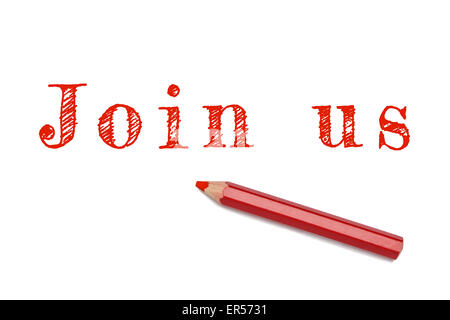 Rejoignez-nous texte écrit de croquis au crayon rouge sur fond blanc. L'emploi du concept d'entreprise Inscrivez-vous l'équipe. Banque D'Images