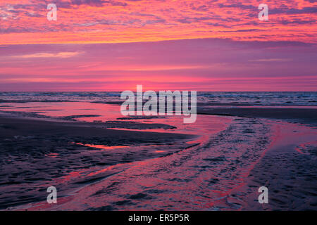 Plage au coucher du soleil, chenal de marée, l'île de Juist, Nationalpark, Mer du Nord, îles de la Frise orientale, Parc National, Patrimoine Mondial de l'Unesco Banque D'Images