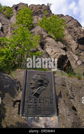 Goethe Rocks avec inscript, gorge de Bode près de Thale, Harz, Saxe-Anhalt, Allemagne, Europe Banque D'Images