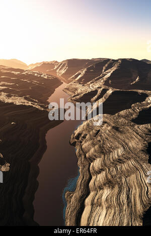 Vue aérienne d'un Canyon avec une faille naturelle du lac du bassin de drainage d'art 3D Banque D'Images