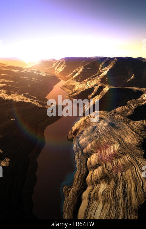 Vue aérienne d'un Canyon avec une faille naturelle du lac du bassin de drainage d'art 3D Banque D'Images