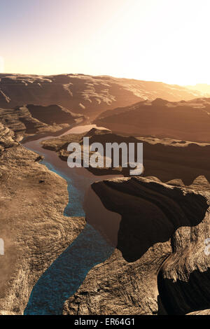 Vue aérienne d'un Canyon avec une faille naturelle du lac du bassin de drainage d'art 3D Banque D'Images