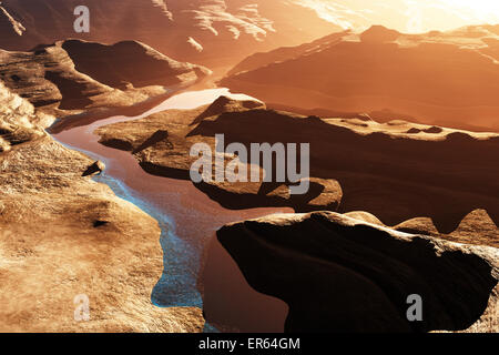 Vue aérienne d'un Canyon avec une faille naturelle du lac du bassin de drainage d'art 3D Banque D'Images