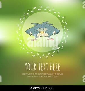 Hand drawn vector cartoon oiseau sur fond flou. Greeteng ou carte d'invitation avec place pour votre texte. Illustration de Vecteur