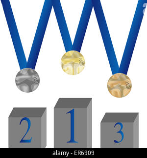 Ensemble de médaille. Bronze, Argent et or accrocher au ruban bleu. Piédestal. Vector illustration Banque D'Images