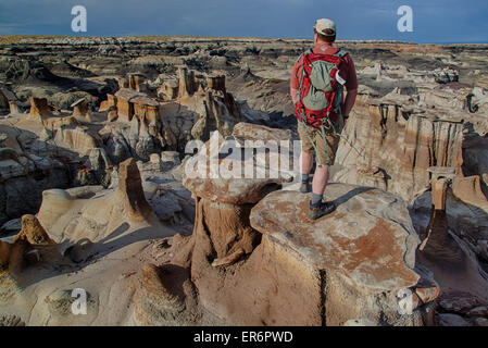 Un randonneur vues les formations rocheuses érodées à l'De-Na Bisti Wilderness-Zin dans le comté de San Juan, Nouveau-Mexique. Banque D'Images