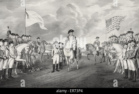 Abandon de Lord Cornwallis à Yorktown en Virginie le 19 octobre. 1781. Imprimer montre des officiers britanniques marche à côté de Lincoln générale entre les lignes de soldats américains et français. Date c1852. Publié par N Currier. Banque D'Images