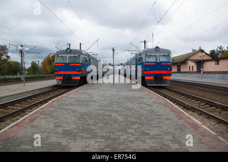 Deux trains sont sur la plate-forme pour les passagers en attente Banque D'Images