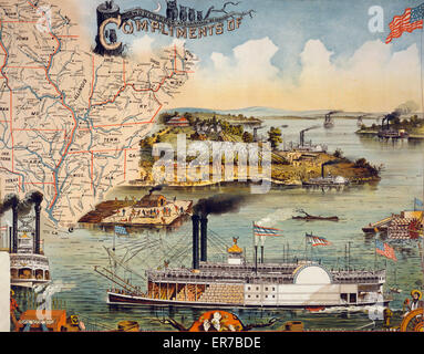 Fleuve Mississippi steamboat. Les bateaux à vapeur sur la rivière avec des scènes d'Afro-Américains sur radeau, ramasser le coton, et de la danse et de jouer des instruments. Carte des états du sud dans le coin supérieur gauche. Date c1895. Banque D'Images