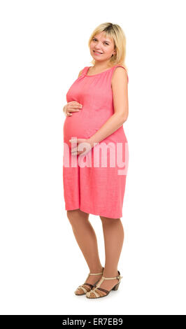 Femme enceinte en robe rouge isolé Banque D'Images