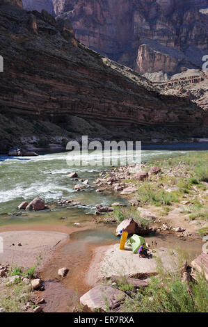 Les randonneurs setup campement sur une plage le long de la rivière Colorado dans le Grand Canyon en dehors de Fredonia, Arizona Novembre 2011. Banque D'Images