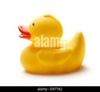 Un jouet canard jaune sur fond blanc Banque D'Images